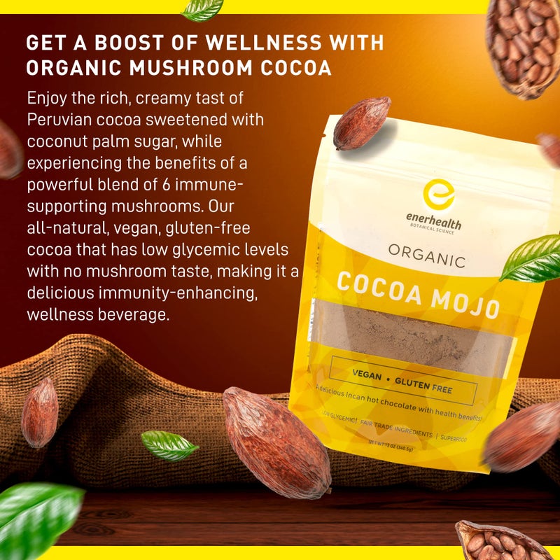 Enerhealth Botanicals Cocoa Mojo - Certified Organic Hot Chocolate Peruvian Cocoa Mix, Sweetened with Low Glycemic Coconut Palm Sugar and Infused with 6 Mushroom Extracts to Boost Immunity - 12 oz - Image 2