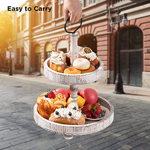 UBTKEY Farmhouse Two Tiered Wooden Tray Stand, UBTKEY 2 Tier Wood Round Decorative Tray with Metal Handle for Home Kitchen Seasonal Holiday Decorations, 17"x13" (Distressed White) - Image 5