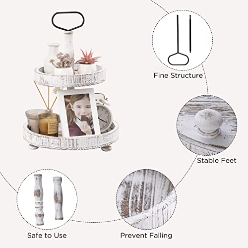 UBTKEY Farmhouse Two Tiered Wooden Tray Stand, UBTKEY 2 Tier Wood Round Decorative Tray with Metal Handle for Home Kitchen Seasonal Holiday Decorations, 17"x13" (Distressed White) - Image 2