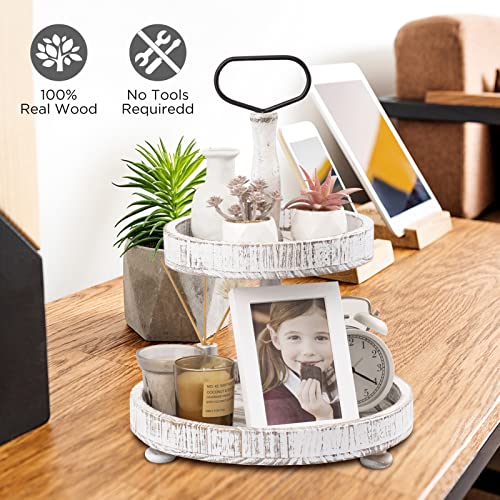 UBTKEY Farmhouse Two Tiered Wooden Tray Stand, UBTKEY 2 Tier Wood Round Decorative Tray with Metal Handle for Home Kitchen Seasonal Holiday Decorations, 17"x13" (Distressed White) - Image 4