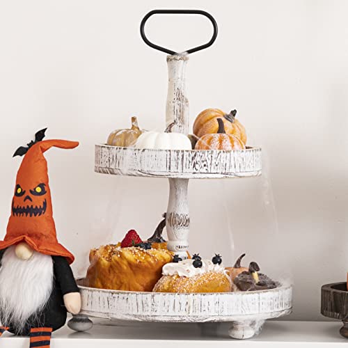 UBTKEY Farmhouse Two Tiered Wooden Tray Stand, UBTKEY 2 Tier Wood Round Decorative Tray with Metal Handle for Home Kitchen Seasonal Holiday Decorations, 17"x13" (Distressed White) - Image 3