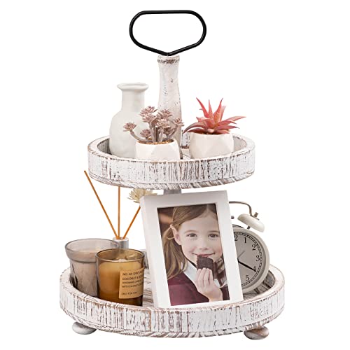 UBTKEY Farmhouse Two Tiered Wooden Tray Stand, UBTKEY 2 Tier Wood Round Decorative Tray with Metal Handle for Home Kitchen Seasonal Holiday Decorations, 17"x13" (Distressed White) - Image 1