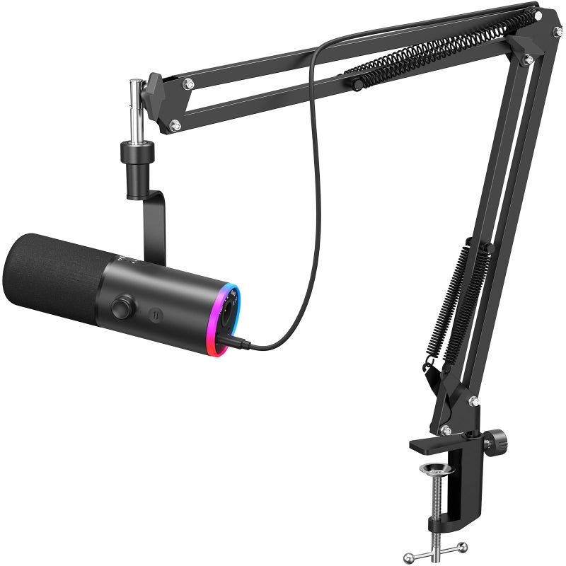 TONOR Dynamic Gaming Microphone, XLR/USB Mic Streaming, AI Noise Cancellation, Controlable RGB, Tap Mute, 3.5mm Headphone Jack, Volume Control, Microfono with Boom Arm, Black, TD510 AIR S H+ - Image 1
