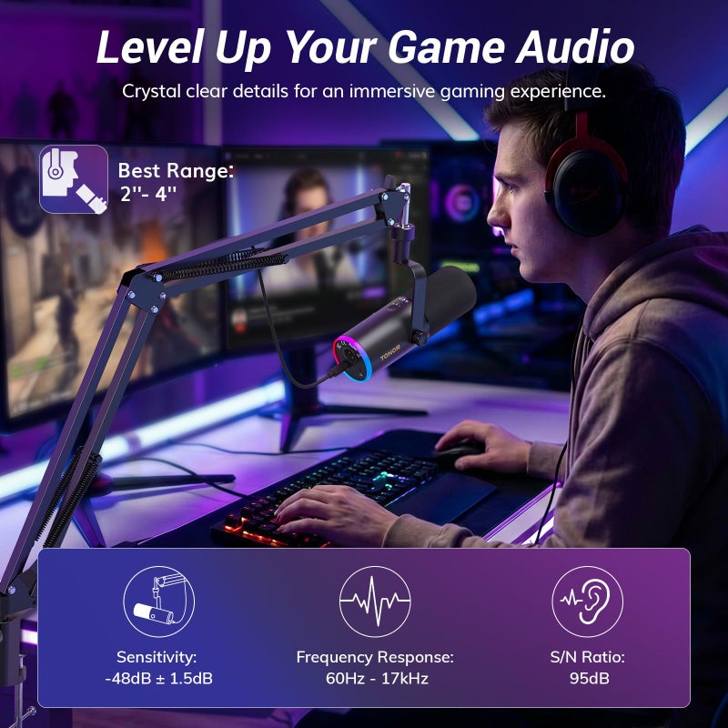 TONOR Dynamic Gaming Microphone, XLR/USB Mic Streaming, AI Noise Cancellation, Controlable RGB, Tap Mute, 3.5mm Headphone Jack, Volume Control, Microfono with Boom Arm, Black, TD510 AIR S H+ - Image 3