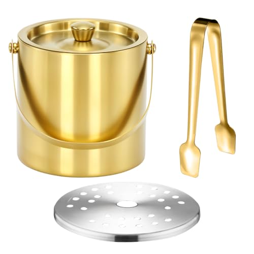 Supvox® Insulation Ice Bucket with Filter &Lid 1.4L Golden Stainless Steel Insulation Small Ice Bucket Whiskey Ice Bucket Fashion Portable Ice Bucket for Party, Club, Home Bar, Golden - Image 1