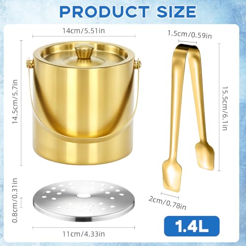 Supvox® Insulation Ice Bucket with Filter &Lid 1.4L Golden Stainless Steel Insulation Small Ice Bucket Whiskey Ice Bucket Fashion Portable Ice Bucket for Party, Club, Home Bar, Golden - Image 2