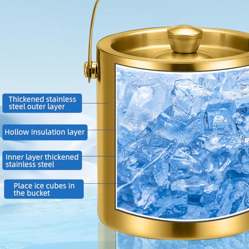 Supvox® Insulation Ice Bucket with Filter &Lid 1.4L Golden Stainless Steel Insulation Small Ice Bucket Whiskey Ice Bucket Fashion Portable Ice Bucket for Party, Club, Home Bar, Golden - Image 4