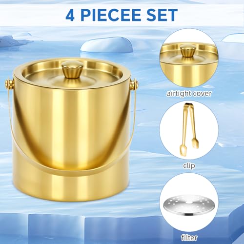 Supvox® Insulation Ice Bucket with Filter &Lid 1.4L Golden Stainless Steel Insulation Small Ice Bucket Whiskey Ice Bucket Fashion Portable Ice Bucket for Party, Club, Home Bar, Golden - Image 3