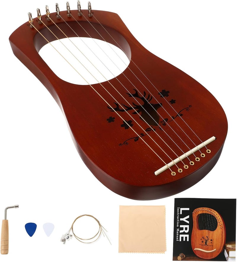 Abaodam 7-string Wooden Lyre Harp with Tuning Wrench Retro Reindeer Design Brown Wood Body Harp Portable String Instrument for Beginners and Music Practice - Image 1