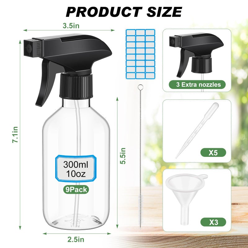 LOYIM 9 Pack 10oz/300ml Plastic Spray Bottle Bulk for Plant Small Spray Bottle Fine Mist Water Sprayer Upgraded Adjustable Nozzle Refillable Empty Containers for Cleaning, Hair, Cooking(Clear) - Image 1