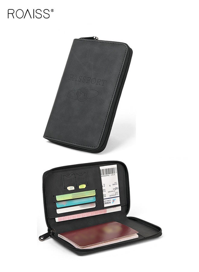 roaiss Unisex Waterproof Passport Holder, Multi-Functional Large Capacity Double-Fold Boarding Pass & ID Case, Portable Matte Textured Embossed Solid-Color Travel Wallet, Essential for International Travel, Black - Image 2