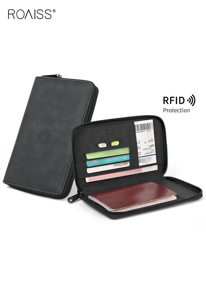 roaiss Unisex Waterproof Passport Holder, Multi-Functional Large Capacity Double-Fold Boarding Pass & ID Case, Portable Matte Textured Embossed Solid-Color Travel Wallet, Essential for International Travel, Black - Image 1