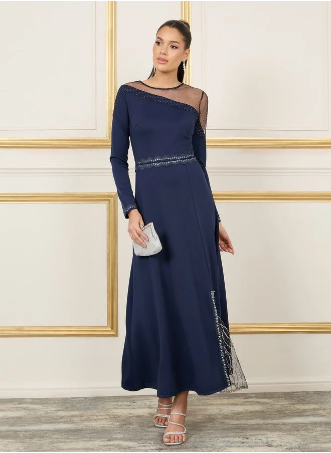 ستايلي Embellished Mesh Insert A-Line Maxi Dress