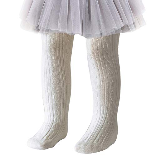 techcity Baby Toddler Girls Tights Seamless Cable Knit Cotton Leggings Pants Stockings for Infant Baby Girl (White, 12-24 Months) - Image 1