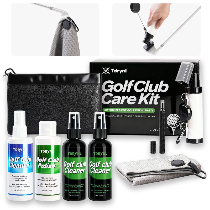 Tdrynl Pro Golf Club Care Kit â€“ Cleaner, Polish, Brush, Groove Sharpener, Grip Cleaner, Magnetic Towel & Leather Bag â€“ Restores Clubs, Removes Rust & Scratches, Renews Tackiness â€“ Golf Gifts for Golfers - Image 1