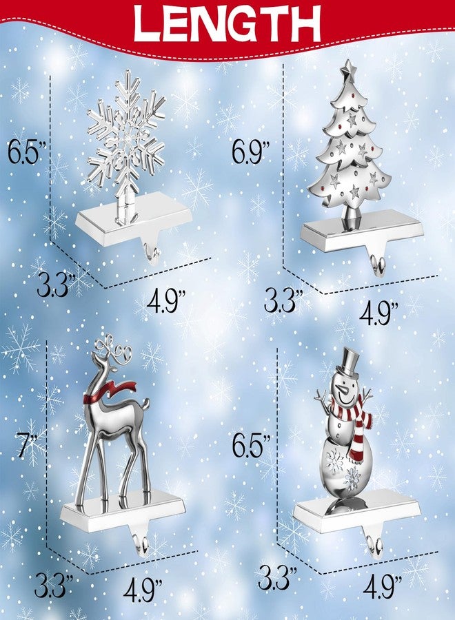 GUOER 4 Pack Snowflake Christmas Stocking Holder Set for Mantle Christmas Decorations Holiday Mantle Fireplace Topper - Snowflake Snowman Reindeer and Christmas Tree Hangers Decorative Metal Hanger - Image 2
