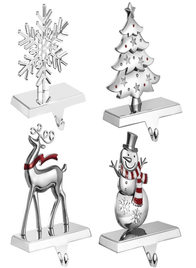 GUOER 4 Pack Snowflake Christmas Stocking Holder Set for Mantle Christmas Decorations Holiday Mantle Fireplace Topper - Snowflake Snowman Reindeer and Christmas Tree Hangers Decorative Metal Hanger - Image 1