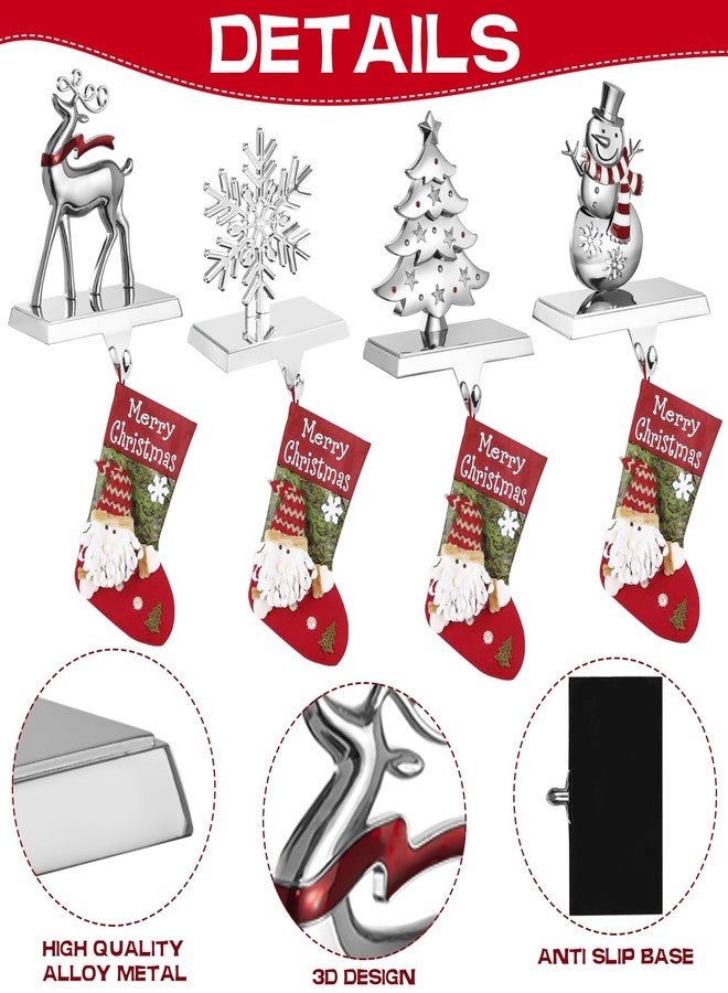 GUOER 4 Pack Snowflake Christmas Stocking Holder Set for Mantle Christmas Decorations Holiday Mantle Fireplace Topper - Snowflake Snowman Reindeer and Christmas Tree Hangers Decorative Metal Hanger - Image 3