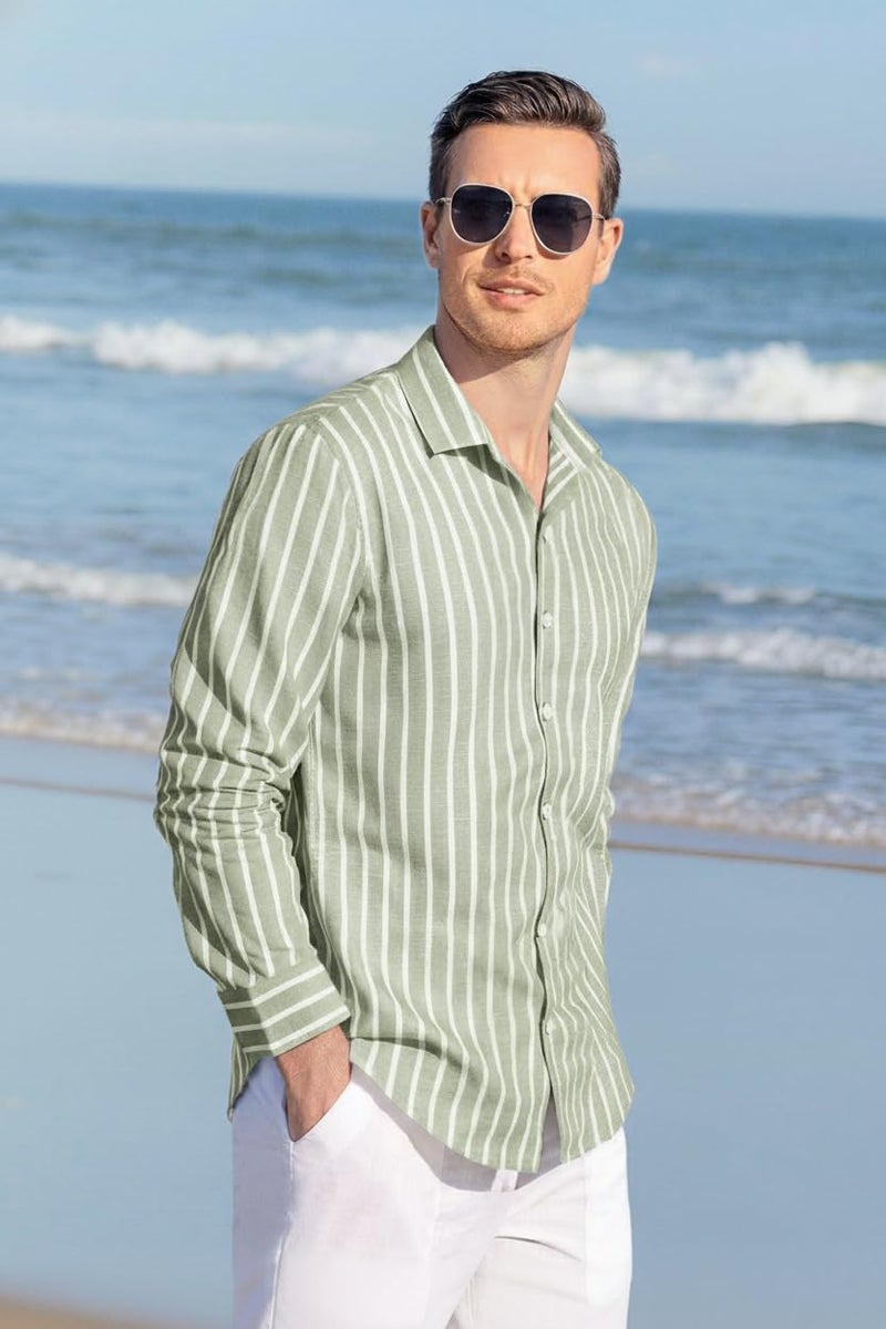 Alex Vando Mens Linen Long Sleeve Casual Button Down Shirt for Men Beach Wedding Shirts,LtGreen,L - Image 3