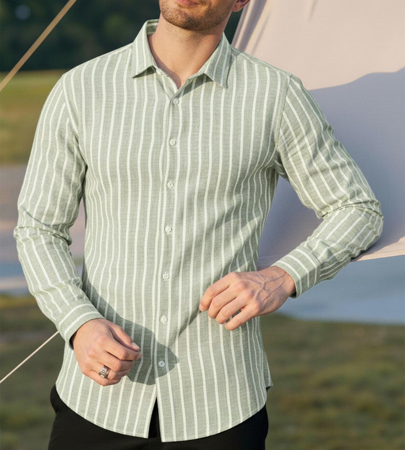 Alex Vando Mens Linen Long Sleeve Casual Button Down Shirt for Men Beach Wedding Shirts,LtGreen,L - Image 2