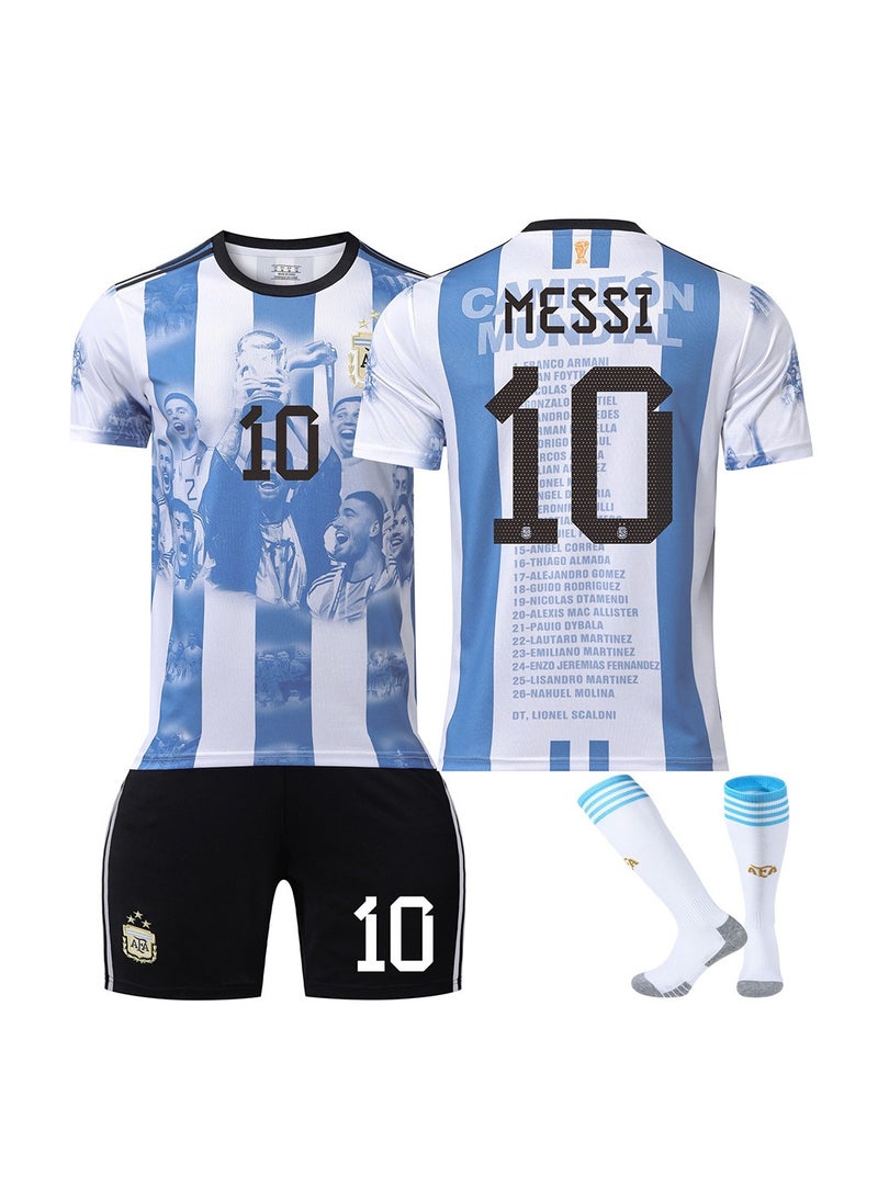 عام 24 Argentina Champions Edition Soccer Jersey MESSI #10 Soccer Jersey/Shorts Socks Gift Set Kids Size  Adult Size for Fans Friends - Image 1