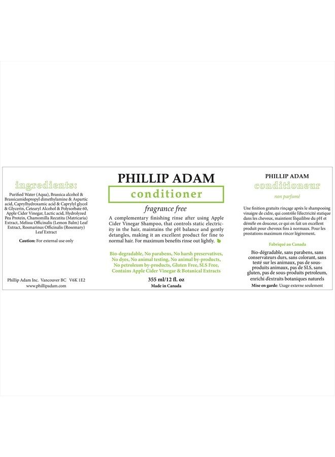PHILLIP ADAM Fragrance Free Shampoo and Conditioner Set with Apple Cider Vinegar - pH Balancing - Enhance Shine and Smoothness- 12 Ounce Each - Image 3