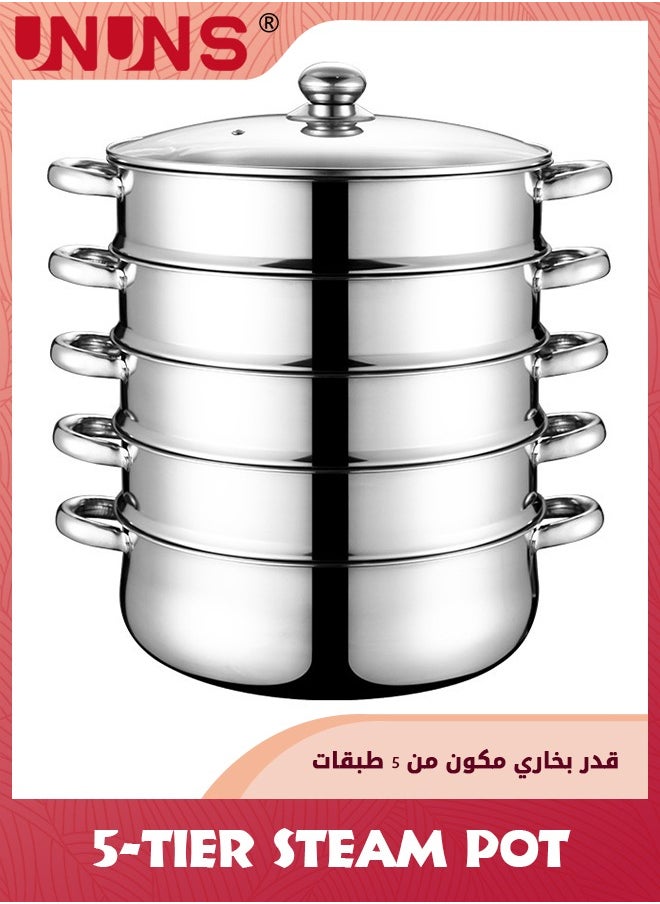 UNUNS Steam Pot,5-Tier Steamer With Lid Stepped Steamer And Twin Handles,Stainless Steel Stockpot,Multifunction Large Soup Pot Cooking Pot For Living Kitchen Food Cooking,28X28CM Rice Steamer  - Image 1