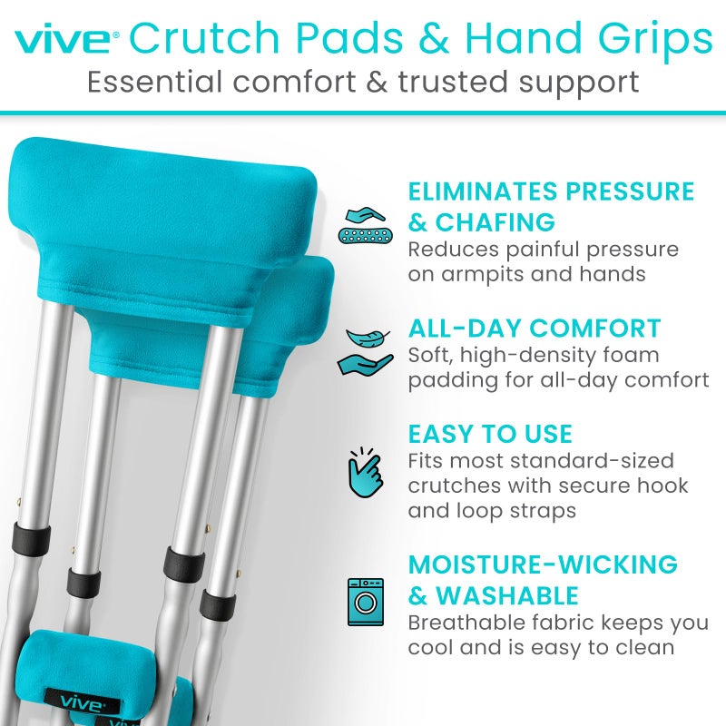 Vive Premium Crutch Pads & Hand Grips - Comfortable, Breathable, Machine Washable Padding - Moisture Wicking & Odor Reducing Pillow Accessory Covers for Adult & Youth Walking Crutches - Image 2