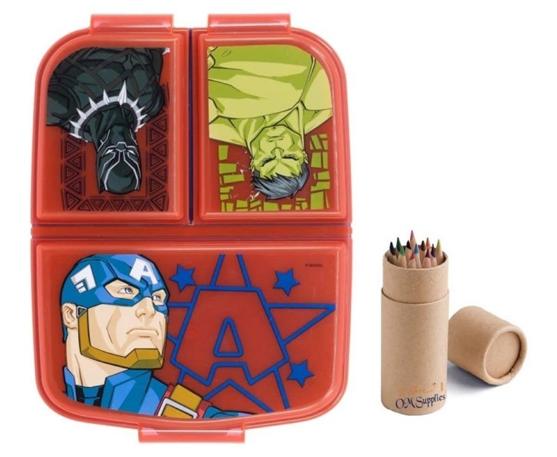 OM SUPPLIES Marvel Avengers Reusable Sandwich Lunch Box 3 Multi Compartment Kids Children School Includes Half Size 12pcs Pencil Set Avengers
