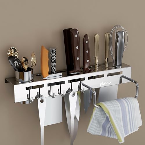 Plantex Stainless Steel Kitchen Cutlery Organizer/Multipurpose Knife Spoon Spatula Holder Stand for Kitchen/Wall Mounted Kitchen Accessories with Adjustable Hooks & Towel Hanger – Chrome - Image 1