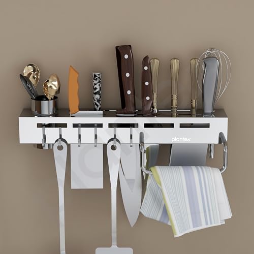 Plantex Stainless Steel Kitchen Cutlery Organizer/Multipurpose Knife Spoon Spatula Holder Stand for Kitchen/Wall Mounted Kitchen Accessories with Adjustable Hooks & Towel Hanger – Chrome - Image 5