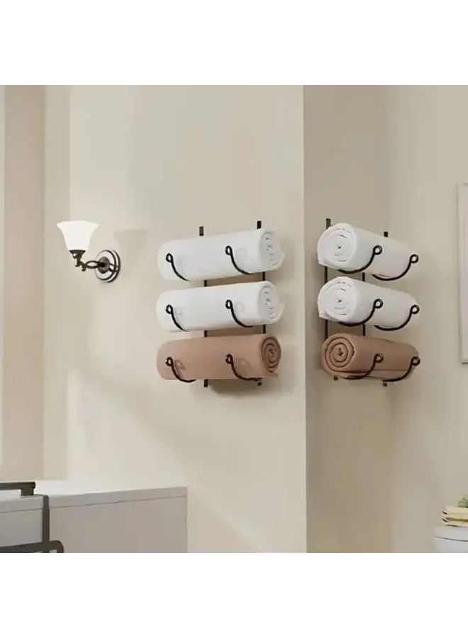 Black 3 Tier Wall Mounted Towel Rack No Drill Space Saving Adjustable Hooks - Image 1
