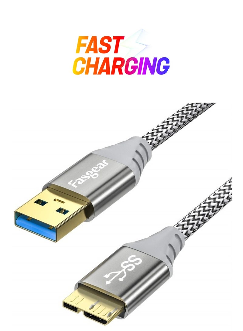 Fasgear كابل Micro B 3.0: كابل قرص صلب خارجي كابل نايلون مضفر USB 3.0 A إلى كابل Micro B 5Gbps لمزامنة البيانات والشحن السريع متوافق مع Samsung Galaxy S5/Note 5/Note Pro 12.2 (1.6 قدم، رمادي) - Image 1