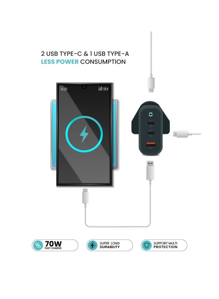 أزتك شاحن حائط سريع هايبر تشارجر GaN بقدرة 70 واط، منفذان USB من النوع C ومنفذ USB من النوع A، أسود | AZTG1HC-70W - Image 5