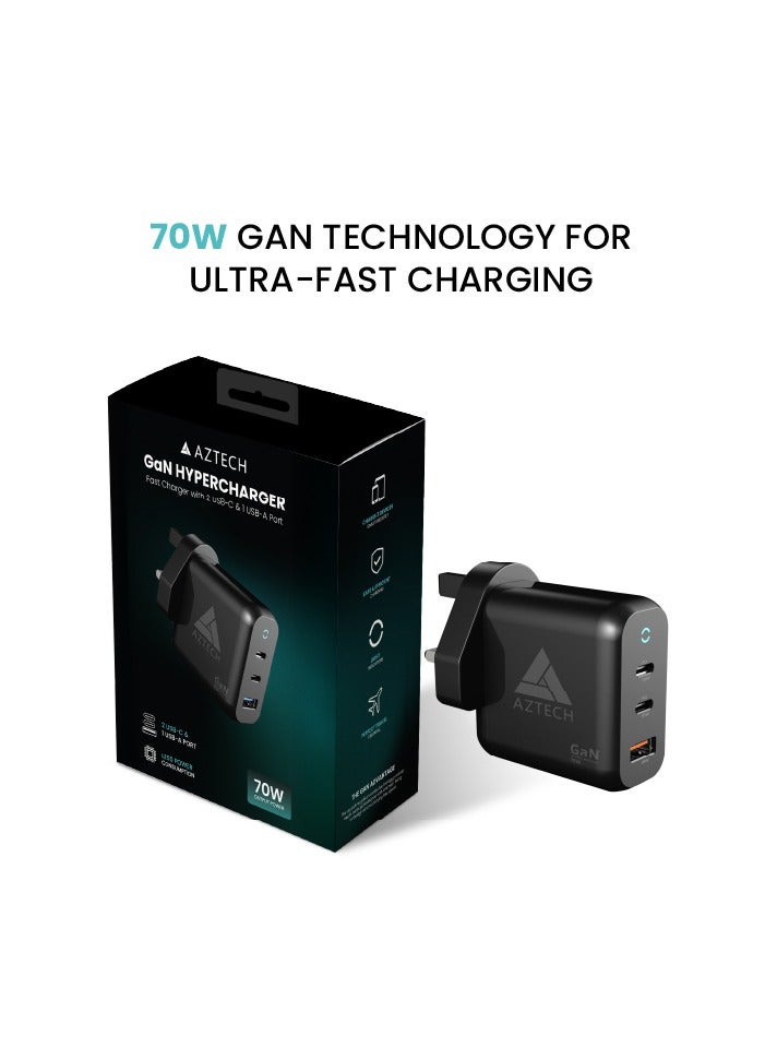 أزتك شاحن حائط سريع هايبر تشارجر GaN بقدرة 70 واط، منفذان USB من النوع C ومنفذ USB من النوع A، أسود | AZTG1HC-70W - Image 4