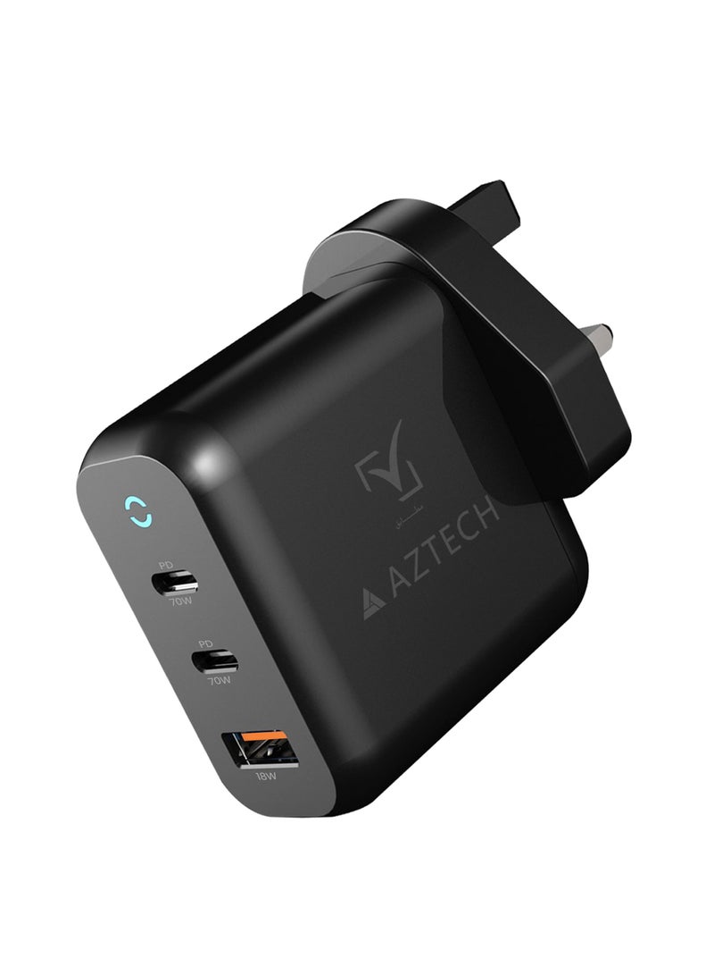 أزتك شاحن حائط سريع هايبر تشارجر GaN بقدرة 70 واط، منفذان USB من النوع C ومنفذ USB من النوع A، أسود | AZTG1HC-70W - Image 2