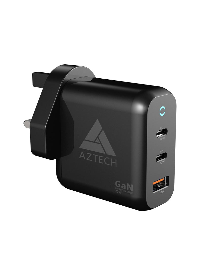 أزتك شاحن حائط سريع هايبر تشارجر GaN بقدرة 70 واط، منفذان USB من النوع C ومنفذ USB من النوع A، أسود | AZTG1HC-70W - Image 3