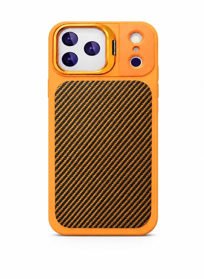 VR CREATIVE Premium Carbon Camera Stand Case for Apple iPhone 17 Pro Max with MagSafe & Sliding Camera Cover Design 2– Orange