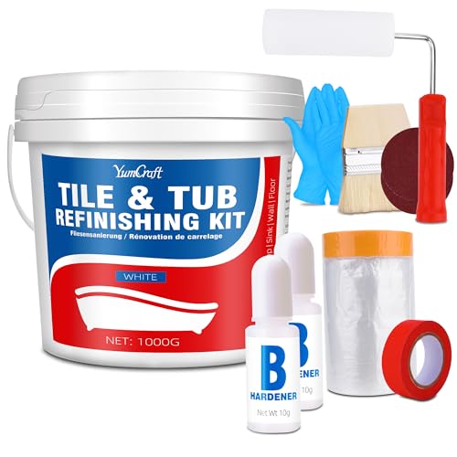 YumCraft Tub and Tile Refinishing Kit, 35oz/1000g Tile Paint with Tools and Hardener - Semi-Gloss White Bathtub Paint for Bathroom, Countertop, Wash Basin, Kitchen, Porcelain, Floor, Easy to Use, 55-60sq.ft - Image 1