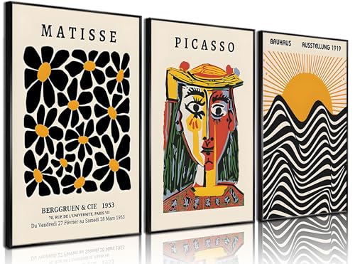 MHYIDUT 3 Pcs Gallery Wall Art Picasso Matisse Bauhaus Set Canvas Prints Abstract Paintings Posters Orange Black Modern Minimalist Wall Decor Pictures Suitable for Bedroom Living Room Decor Unframed - Image 1
