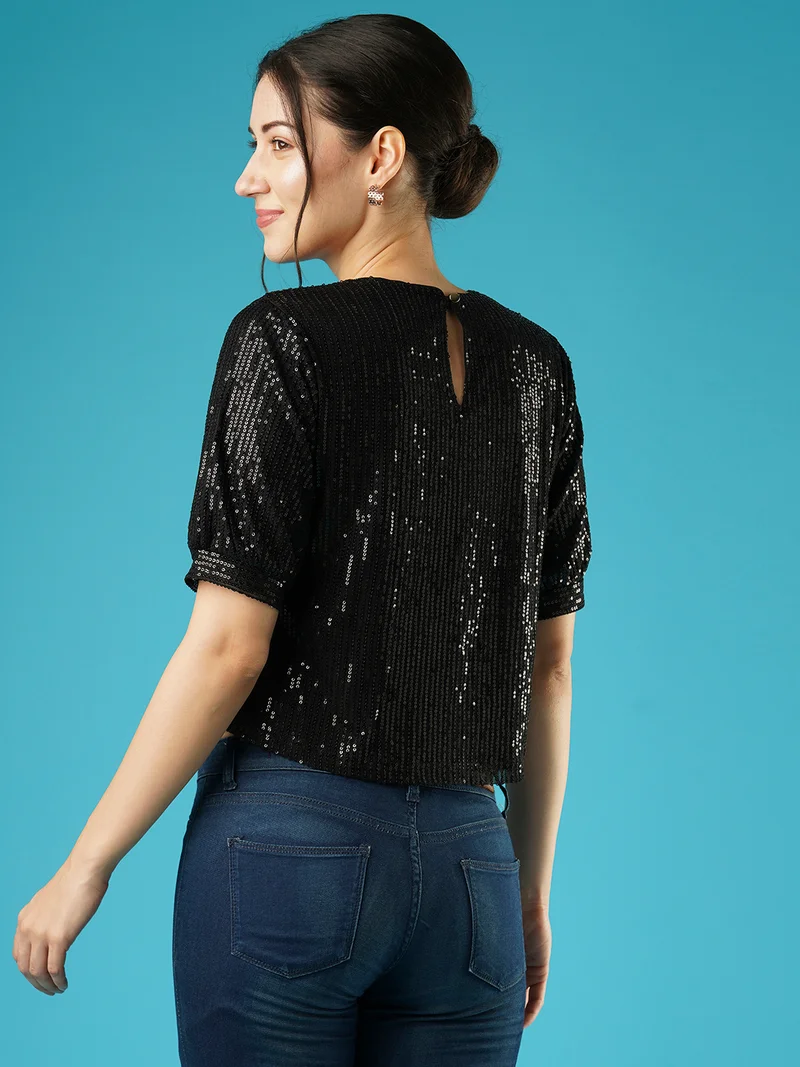 globus Women Round Neck Puff Sleeves Sequined Party Top