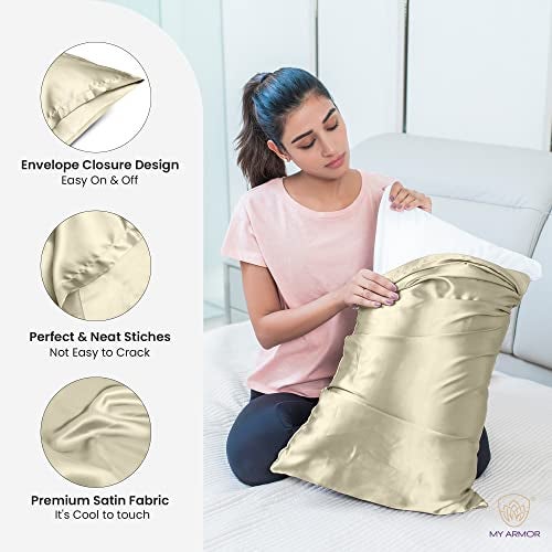 MY ARMOR Satin Pillow Covers for Hair | Anti-Frizz & Anti-Wrinkle Silk Pillow Cover for Hair & Skin | Gentle Cooling Fabric, 20x30 Inches | Zipper Closure | Pack of 2, Cream - Image 5