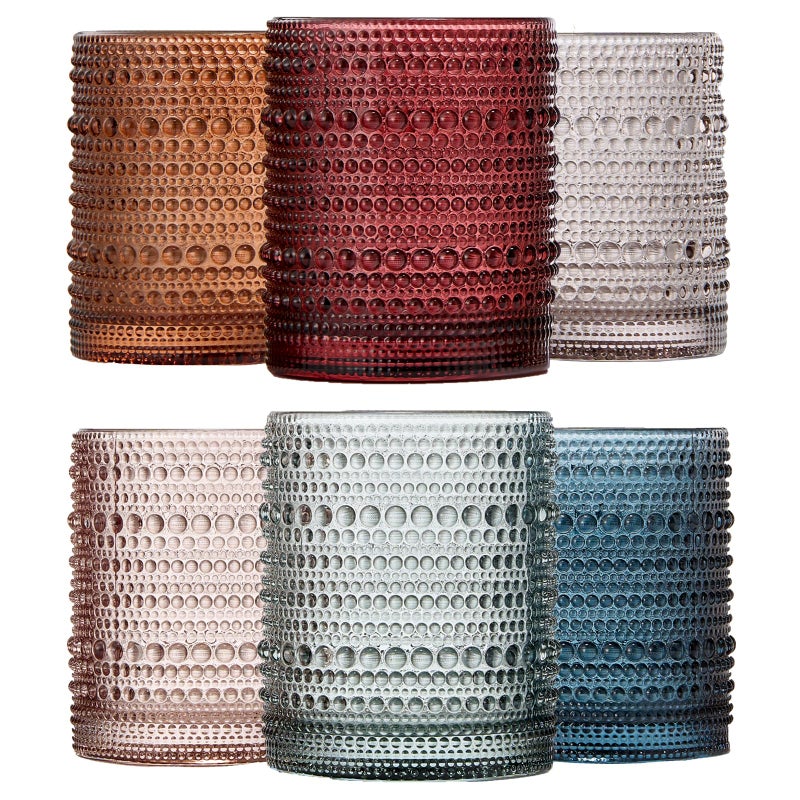 Khen Beaded Hobnail Tumbler Drinking Glasses Set | Set of 6 | Vintage Colored Hobnails 11 OZ Muted Bubble Design Whiskey, Old-Fashioned, Embossed Design Glass Water, Wine, Cocktail HAND WASH ONLY - Image 1