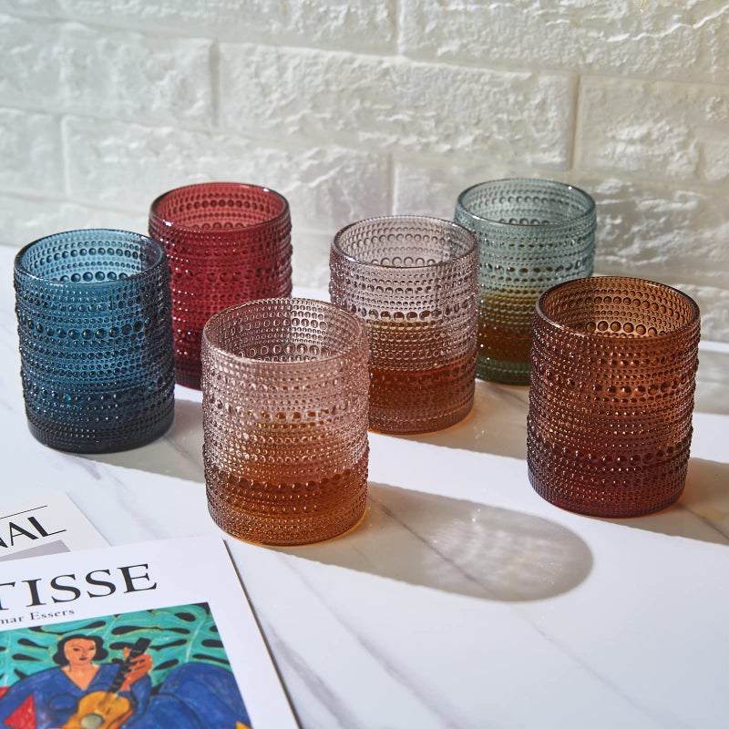 Khen Beaded Hobnail Tumbler Drinking Glasses Set | Set of 6 | Vintage Colored Hobnails 11 OZ Muted Bubble Design Whiskey, Old-Fashioned, Embossed Design Glass Water, Wine, Cocktail HAND WASH ONLY - Image 5
