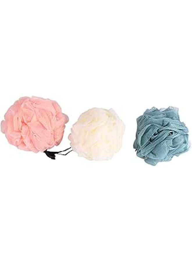 Mesh Bath Ball Shower Pouf Set Of 3 Soft Exfoliating Sponge Assorted Colors Blue Beige Pink - Image 1