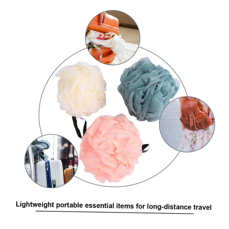 Mesh Bath Ball Shower Pouf Set Of 3 Soft Exfoliating Sponge Assorted Colors Blue Beige Pink - Image 4