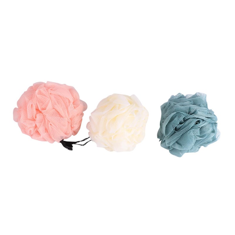 Mesh Bath Ball Shower Pouf Set Of 3 Soft Exfoliating Sponge Assorted Colors Blue Beige Pink - Image 2