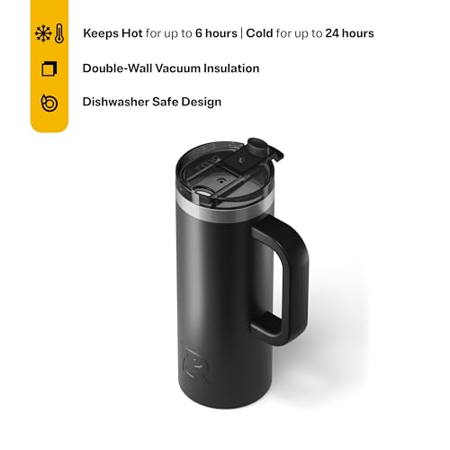 RTIC 20oz Road Trip Travel Mug with Lid and Handle, Ceramic Lined, Insulated, Stainless Steel, Metal, Double Wall Vacuum-Insulation, Portable Coffee, Tea Cup for Hot and Cold Drink, Black - Image 3