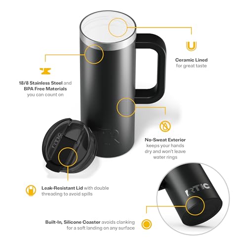 RTIC 20oz Road Trip Travel Mug with Lid and Handle, Ceramic Lined, Insulated, Stainless Steel, Metal, Double Wall Vacuum-Insulation, Portable Coffee, Tea Cup for Hot and Cold Drink, Black - Image 4