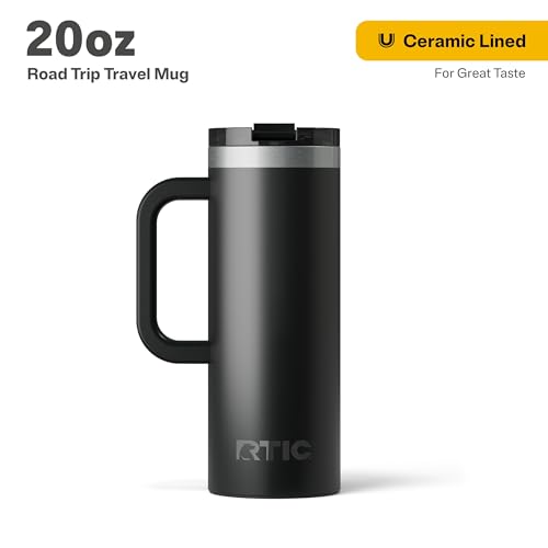 RTIC 20oz Road Trip Travel Mug with Lid and Handle, Ceramic Lined, Insulated, Stainless Steel, Metal, Double Wall Vacuum-Insulation, Portable Coffee, Tea Cup for Hot and Cold Drink, Black - Image 2